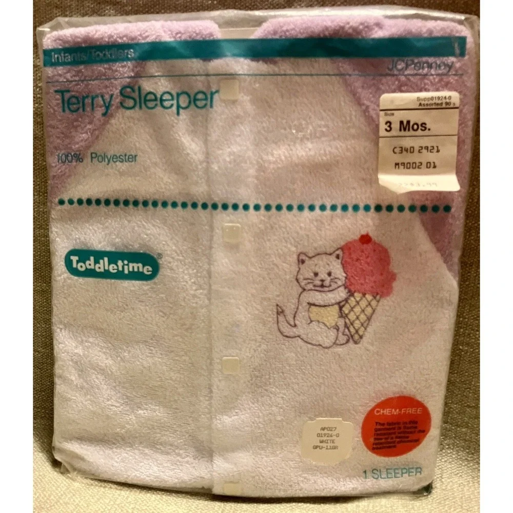Vintage Toddletime JCPenney Terry Sleeper Cat Ice Cream White Purple 3 Mos NOS